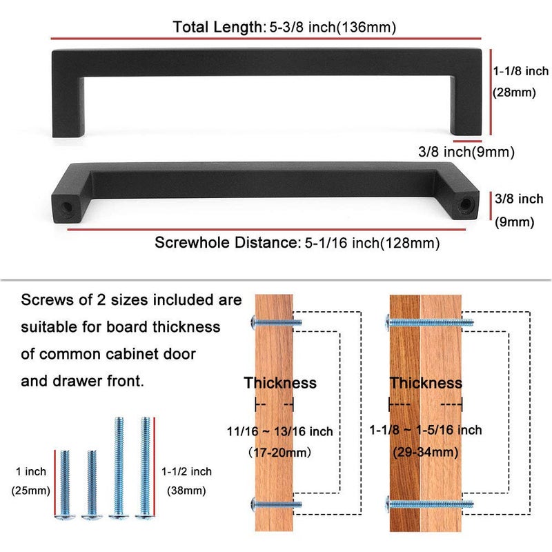 KOOFIZO Solid Square Bar Cabinet Handle - Black Furniture Pull, 5 Inch/128mm Screwhole Distance, 10-Pack for Kitchen Cupboard Door, Bedroom Dresser Drawer, Bathroom Wardrobe Hardware - Image 2